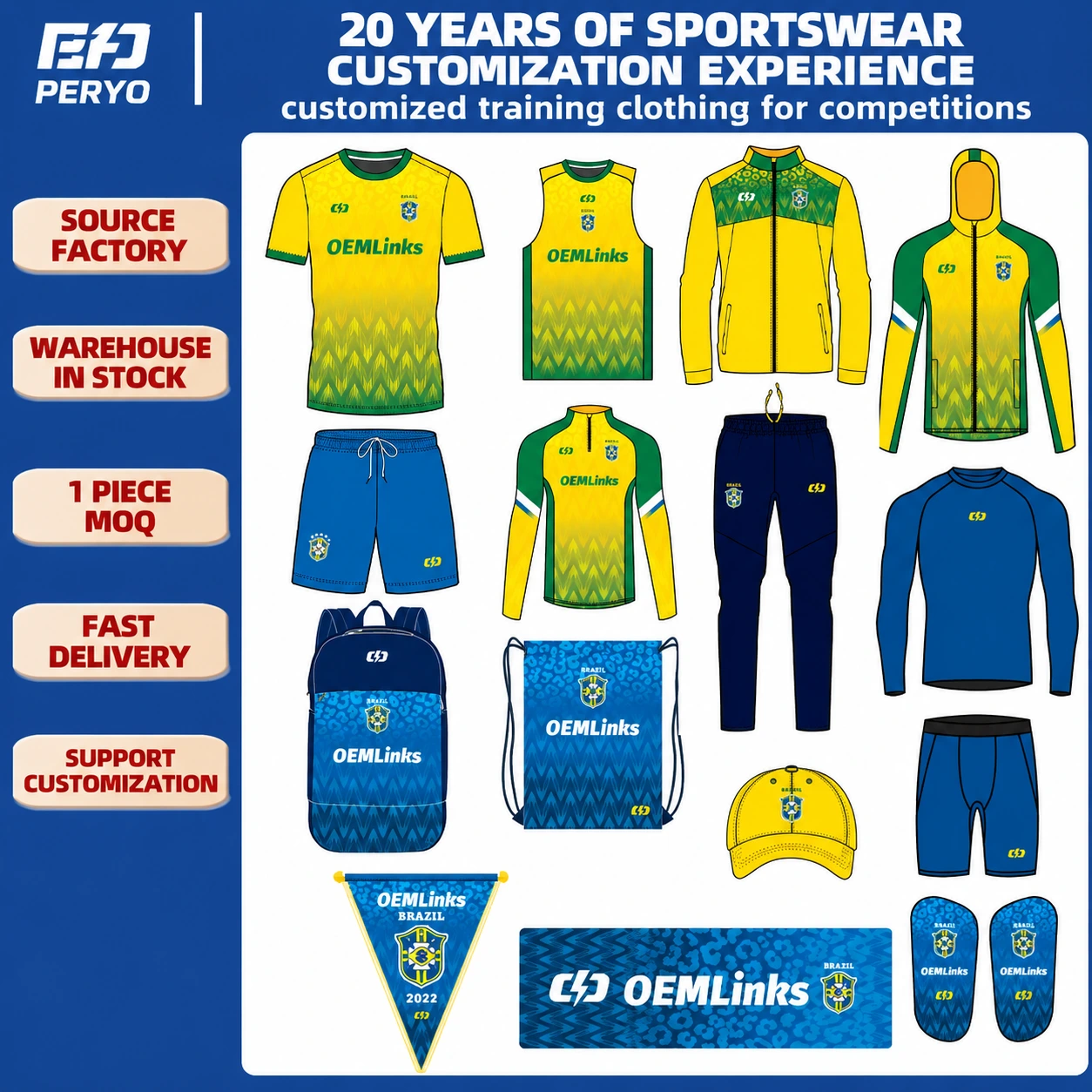 Kit d’entraînement de football personnalisé en sublimation, style Brazil, uniforme d’équipe à séchage rapide